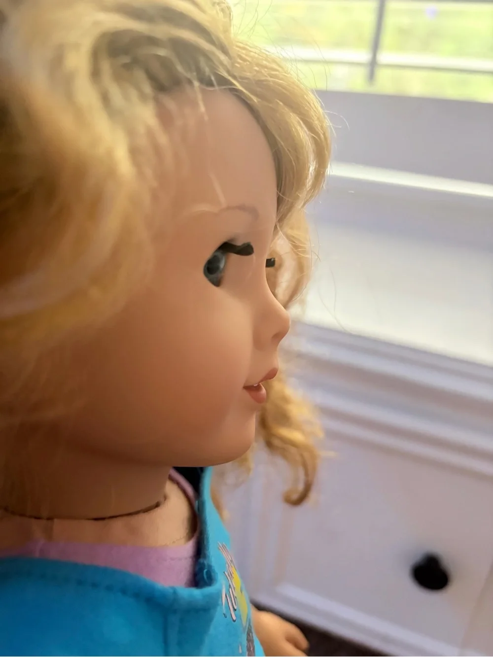 American Girl Blonde Curly Hair Doll in Blue Top and Pink Tights